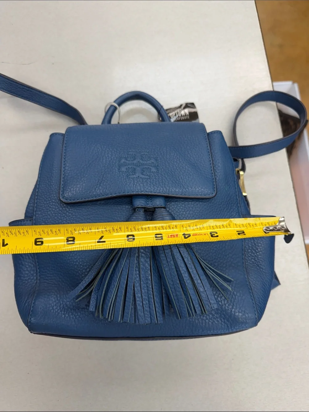 Tory Burch Navy Pebbled Leather Tassel Backpack